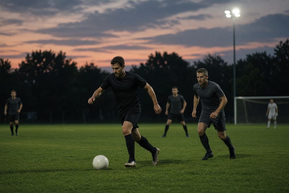 Adult players competing under stadium lights