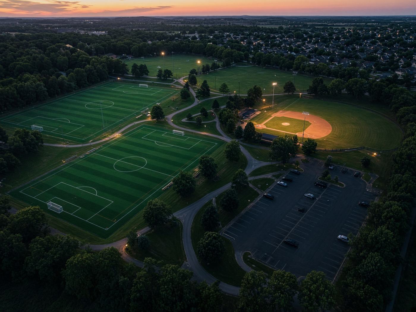 An aerial view of community sports fields