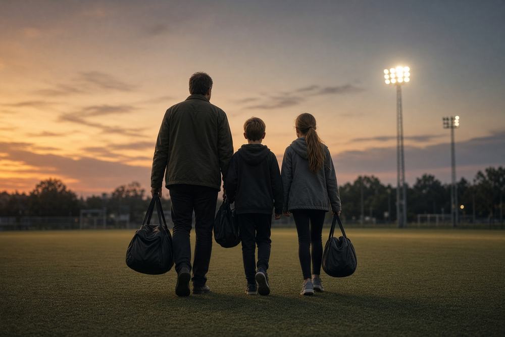 A family walking onto a field at dusk