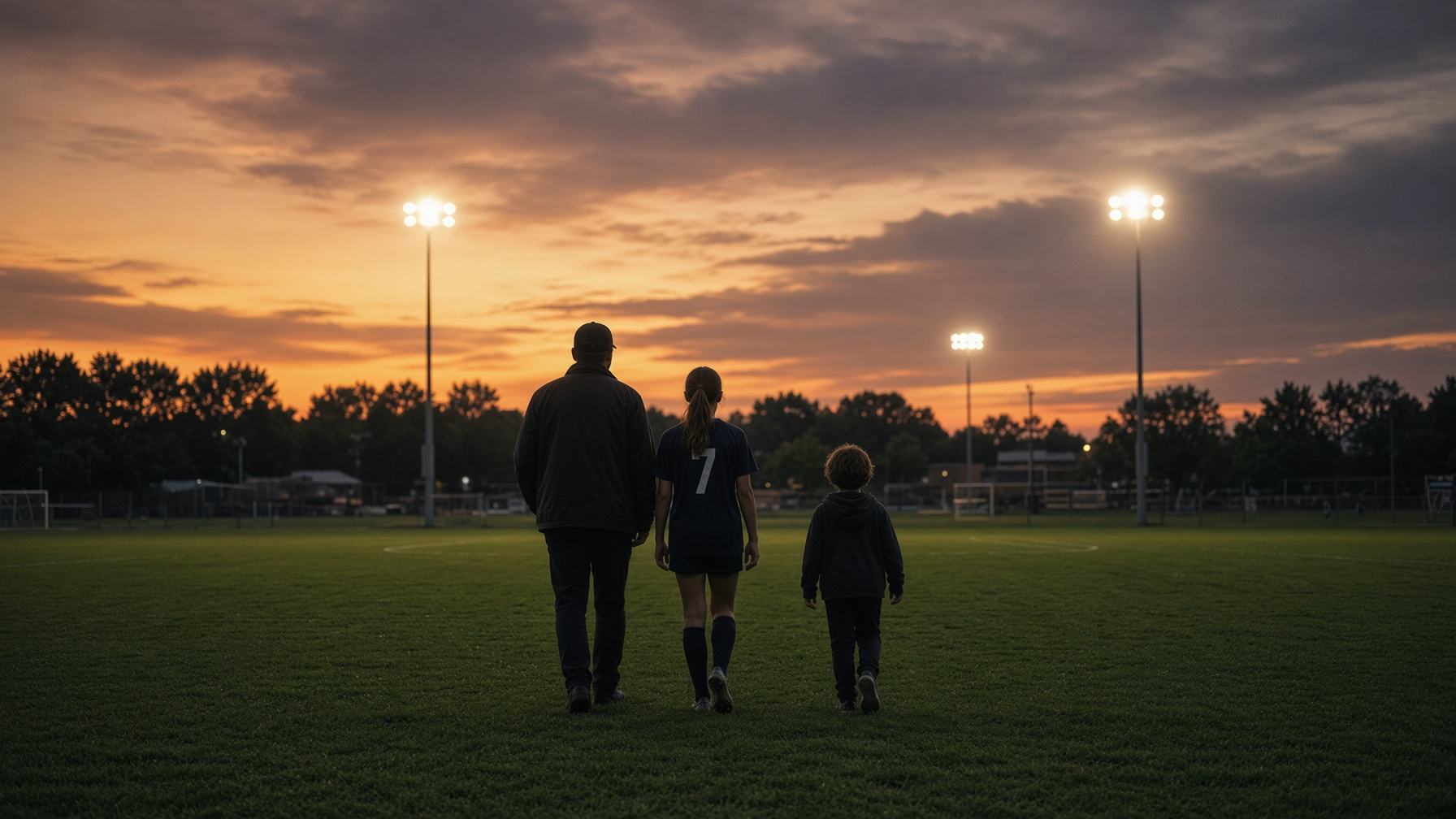A family walking toward lit community sports fields at dusk