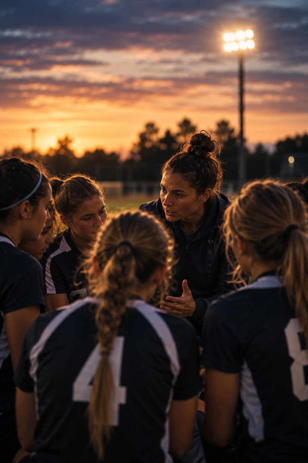 A coach talking with players in a huddle at sunset
