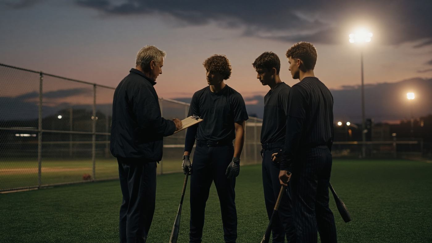 Players and a coach on a baseball field at dusk